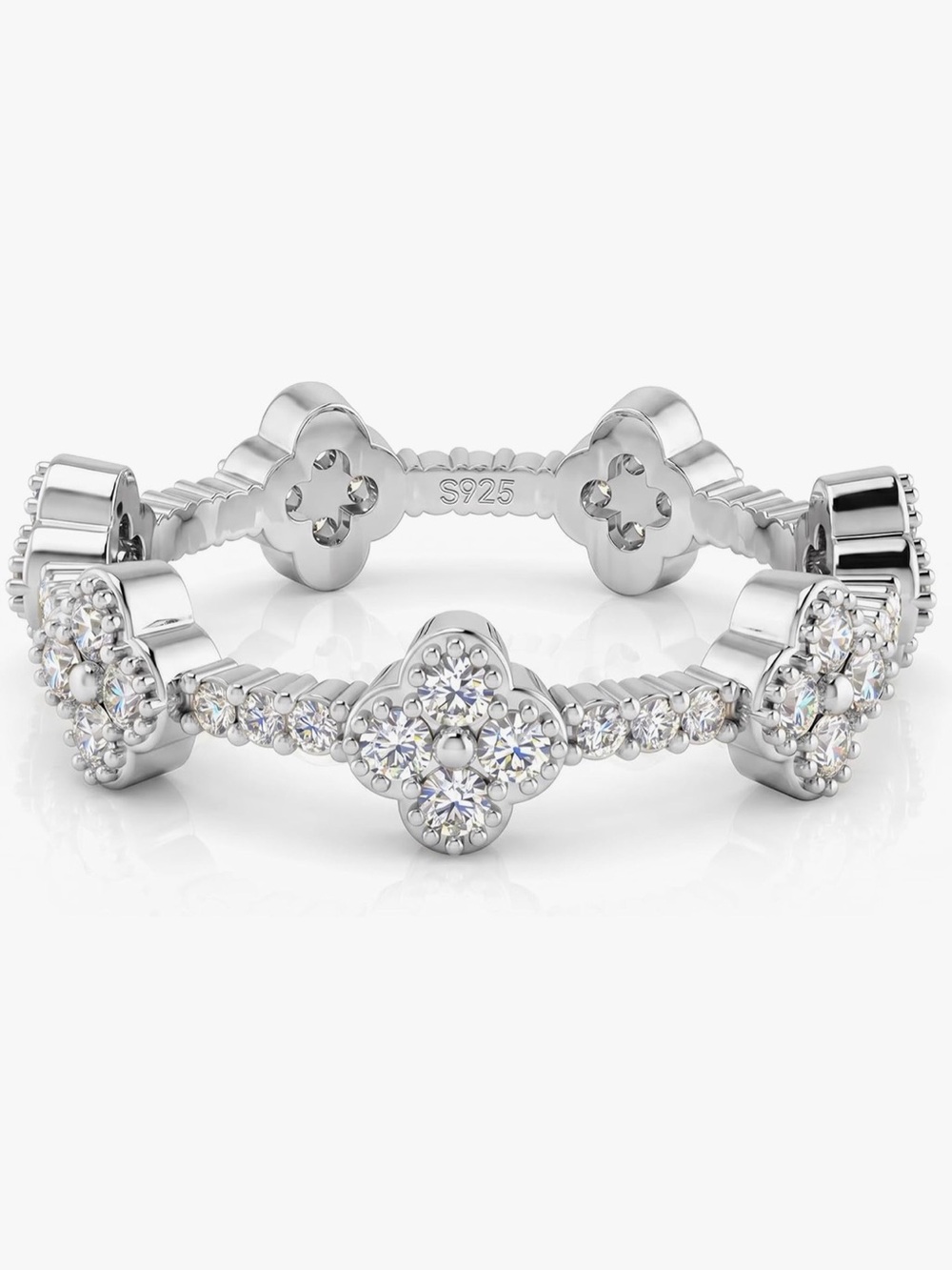 Sterling Silver CZ Clover Stackable Ring - Silver